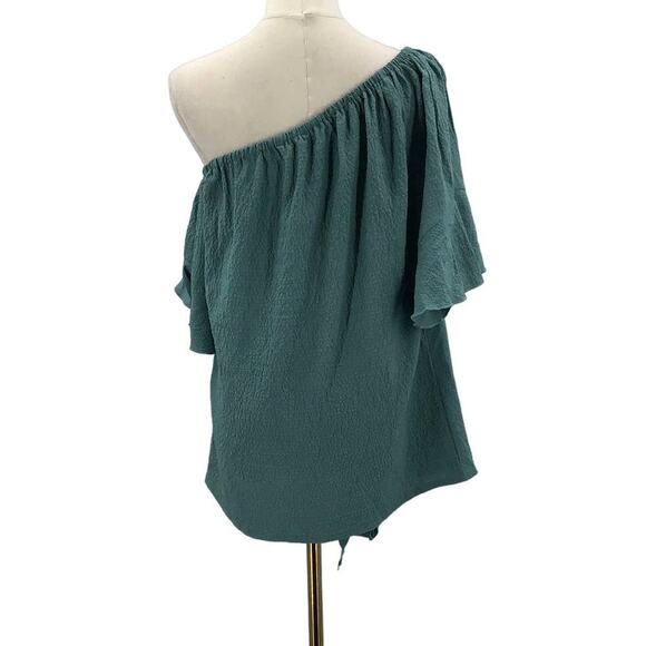 BLOOMCHIC SZ 12 L Green Solid Cut Out Knotted Hem One Shoulder Blouse NWT B95 - Picture 5 of 8